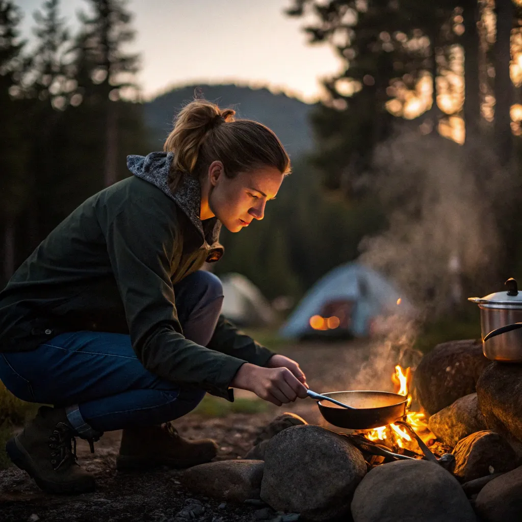 Emily cooking over a campfire