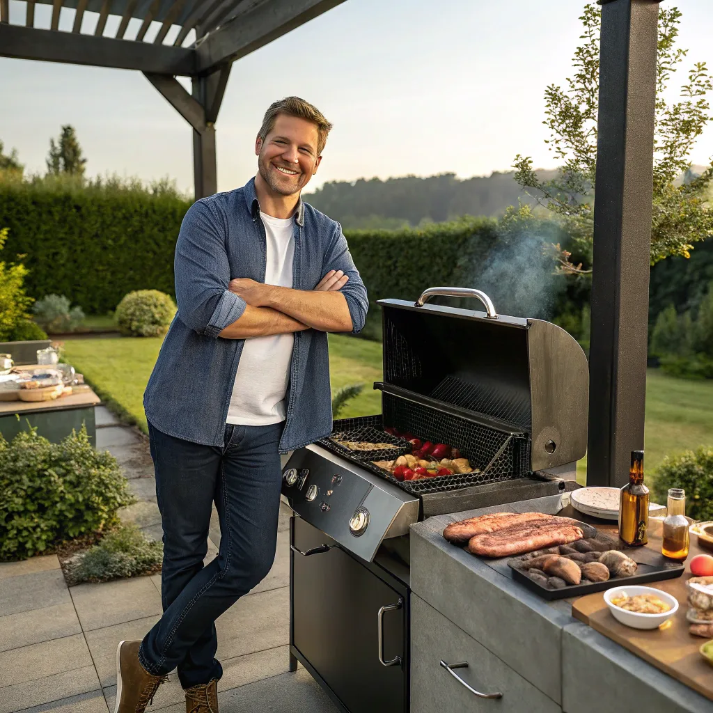 Thomas at the outdoor BBQ pit